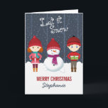 Cartão De Festividades Snowman Winter Wonderland<br><div class="desc">Snowman Winter Wonderland Deixa-A Neve, Deixa-A Neve, Deixa-A Neve. Celebre a estação com este tema divertido e brilhante do inverno. Este design de inverno consiste num bonzinho e divertido boneco de neve e duas crianças alegres vestidas nos seus suéteres de inverno mais quentes. Traga a diversão com os acessórios, presentes,...</div>