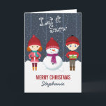 Cartão De Festividades Snowman Winter Wonderland<br><div class="desc">Snowman Winter Wonderland Deixa-A Neve, Deixa-A Neve, Deixa-A Neve. Celebre a estação com este tema divertido e brilhante do inverno. Este design de inverno consiste num bonzinho e divertido boneco de neve e duas crianças alegres vestidas nos seus suéteres de inverno mais quentes. Traga a diversão com os acessórios, presentes,...</div>