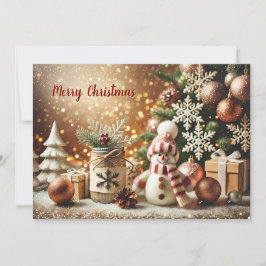 Cartão De Festividades Snowman with Glittery Background and Snowflakes