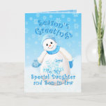 Cartão De Festividades Snowman Wonderland for Daughter and Son-in-law<br><div class="desc">Cute little snowman with blue winter hat and mittens as delicate snowflakes fall through the blue sky is a delightful Christmas design for seasons greetings to your special Daughter and Son-in-Law.  Inside verse may be personalized using template provided. Original art and design by Anura Design Studio.</div>