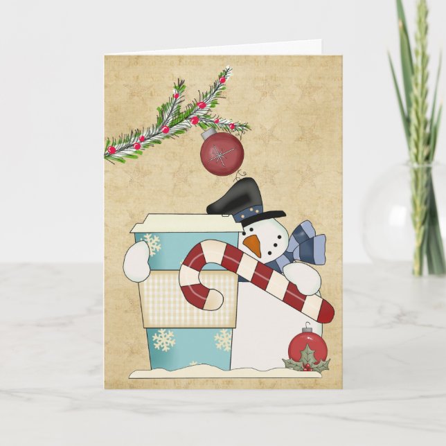 Cartão De Festividades Snowmenj com café (Frente)