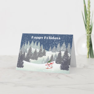 Cartão De Festividades Snowmwan Skier e Pines de inverno