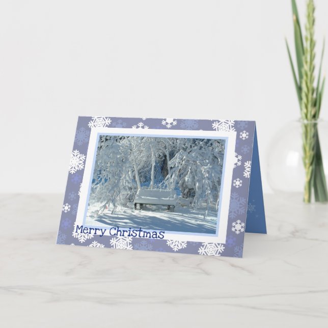 Cartão De Festividades Snowy Bench / Blue Snowflakes Pattern / Christmas (Frente)