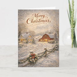 Cartão De Festividades Snowy Farmhouse and Red Barn Merry Christmas