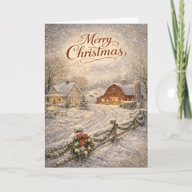 Cartão De Festividades Snowy Farmhouse and Red Barn Merry Christmas (Frente)