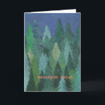 Cartão De Festividades Snowy Forest Christmas Card: Polish Greeting<br><div class="desc">A chic Christmas Card with a forest of Christmas Trees in the snow, from a handpainted paper collage design by Judy Adamson. The greeting on the front, in orange/pink lettering, is Merry Christmas in Polish and you can personalise the inside message. (Just one click of the button will resize the...</div>