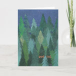 Cartão De Festividades Snowy Forest Christmas Card: Swedish<br><div class="desc">A chic Christmas Card with a forest of Christmas Trees in the snow, from a handpainted paper collage design by Judy Adamson. The greeting on the front, in orange/pink lettering, is Merry Christmas in Swedish and you can personalise the inside message. (Just one click on the button will resize the...</div>