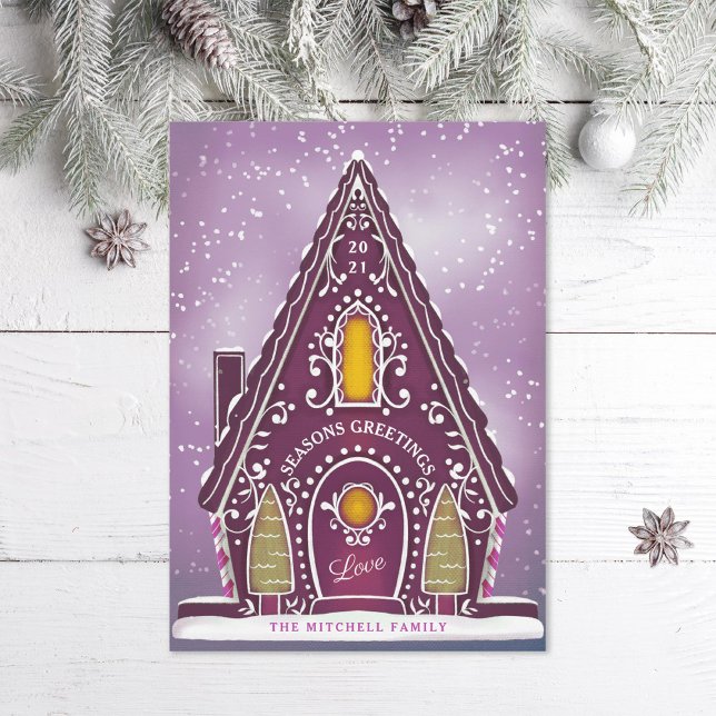 Cartão De Festividades Snowy Gingercake House Purple Não Foto (Criador carregado)