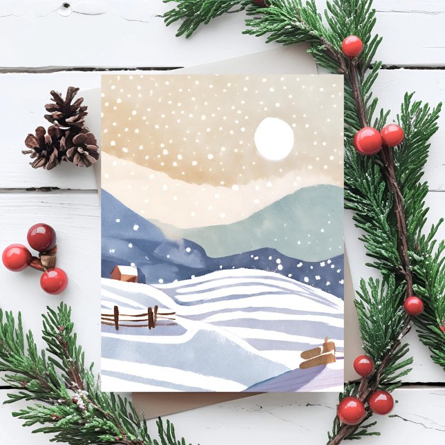 Cartão De Festividades Snowy Hillside | Watercolor Winter (Criador carregado)