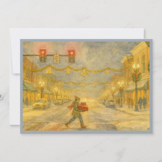 Cartão De Festividades Snowy Holiday Downtown Scene Holiday Card (Frente)