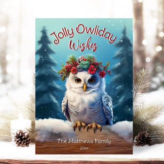 Cartão De Festividades Snowy Owl na Floresta Rustic Jolly Owliday Deseja