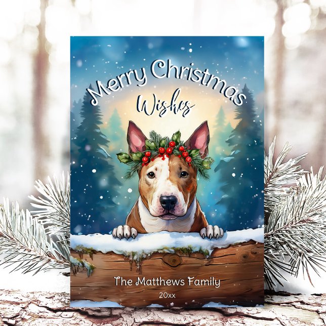 Cartão De Festividades Snowy Pines Peeking Bull Terrier Feliz Natal (Adorable Winter Snowy Scene With Peeking Dogs or Farm/Woodland Animals - Over 50 to Choose From!)