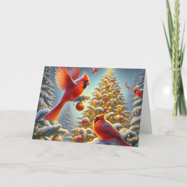 Cartão De Festividades Snowy Red Winter Cardinal in Holly (Frente)