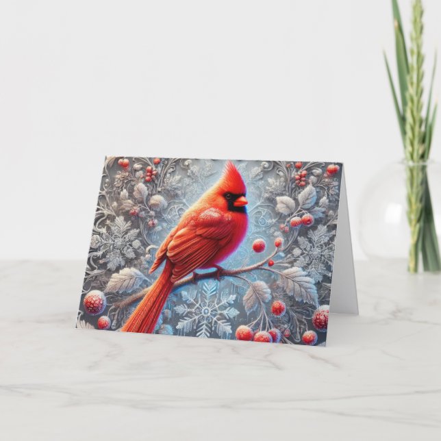 Cartão De Festividades Snowy Red Winter Cardinal in Holly (Frente)