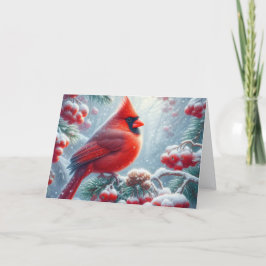 Cartão De Festividades Snowy Red Winter Cardinal in Holly