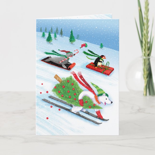 Cartão De Festividades Snowy Skiing Polar Bear Sledding Penguin Sea Lion (Frente)