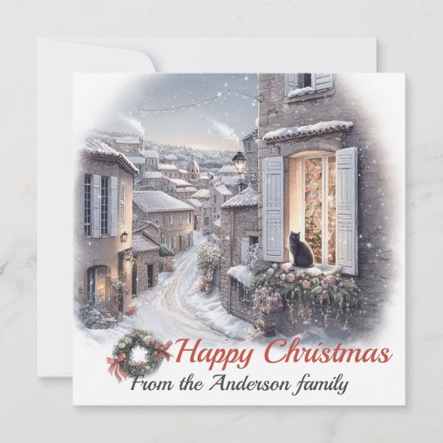 Cartão De Festividades Snowy Village Black Cat Natal (Frente)