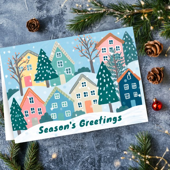 Cartão De Festividades Snowy Village Illustration Cute Season's Greetings (Snowy Village Illustration Cute Season's Greetings Holiday Christmas Card
)