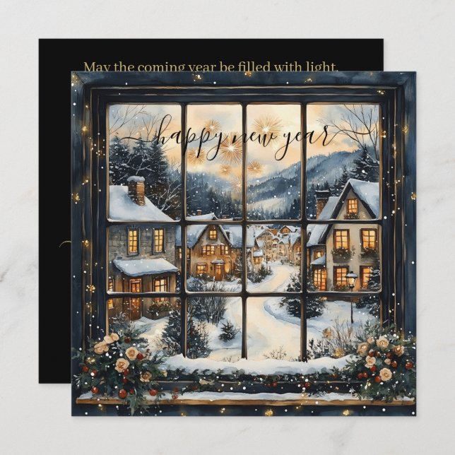 Cartão De Festividades Snowy Village Window Scene with New Year Greeting (Frente/Verso)