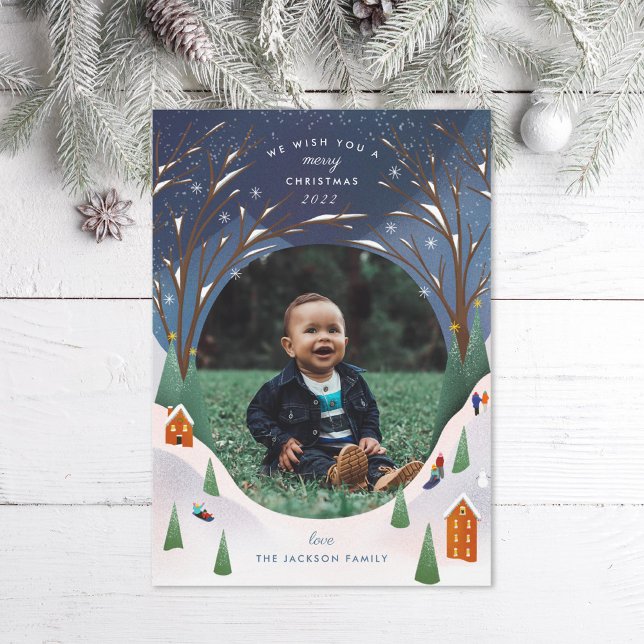 Cartão De Festividades Snowy Village Winter Scene Photo de Natal (Criador carregado)