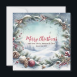 Cartão De Festividades Snowy Winter Frame Christmas<br><div class="desc">A imagem mostra um fundo de neve com árvores,  uma coroa de Natal,  pássaros voadores,  ornamentos e galhos de pinheiro.</div>