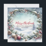 Cartão De Festividades Snowy Winter Frame Christmas<br><div class="desc">A imagem mostra um fundo de neve com árvores,  uma coroa de Natal,  pássaros voadores,  ornamentos e galhos de pinheiro.</div>
