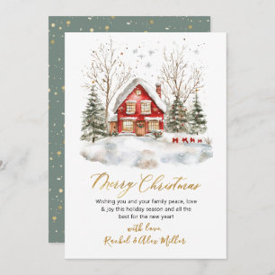 Cartão De Festividades Snowy Winter Scene Dourado Script Non Photo Christ