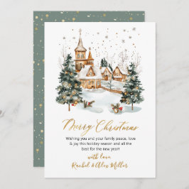 Cartão De Festividades Snowy Winter Scene Dourado Script Non Photo Christ