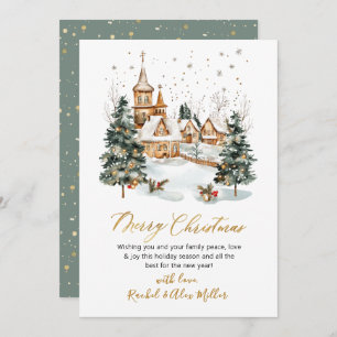 Cartão De Festividades Snowy Winter Scene Dourado Script Non Photo Christ