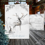 Cartão De Festividades Snowy Winter Woodland Reindeer And Friends<br><div class="desc">Watercolor reindeer in a blustery snowy winter woodland scene with friends Mr. Hare and Miss Chickadees. Customize the saying to any saying or language.</div>