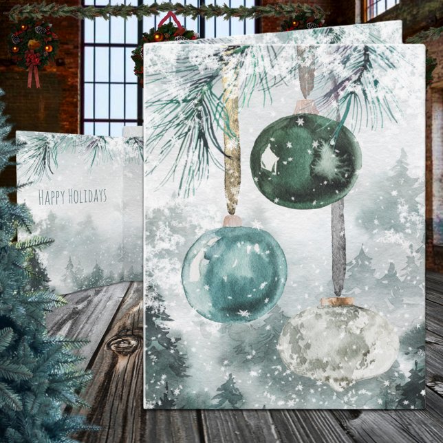Cartão De Festividades Snowy Woodland Floresta Prendendo Ornamentos De Vi (Snowy Woodland Forest Hanging Glass Ornaments Christmas Holiday Wraparound Graphics Folded Card)