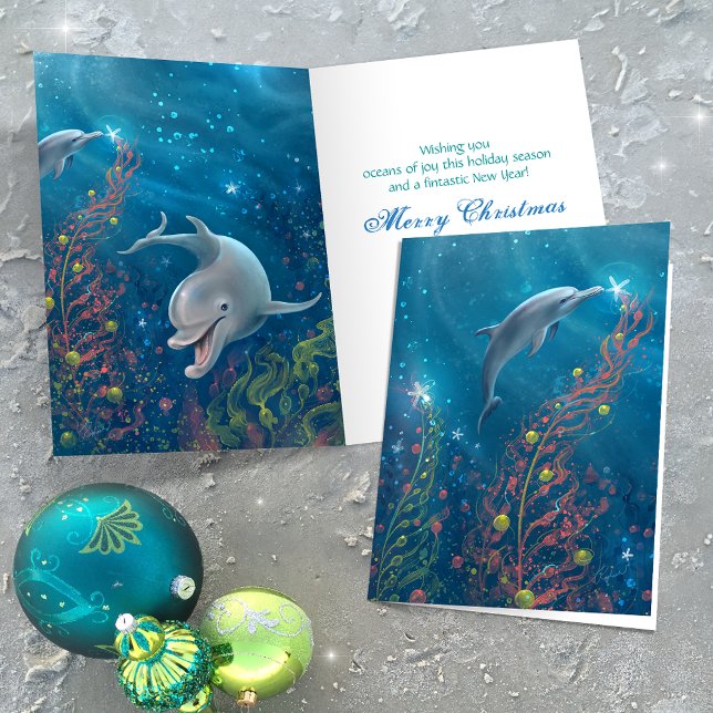 Cartão De Festividades Sob o Mar Árvore de Natal Golfinho Mágico (Add your own personalized holiday greeting to the inside of these unique dolphin Christmas cards.)