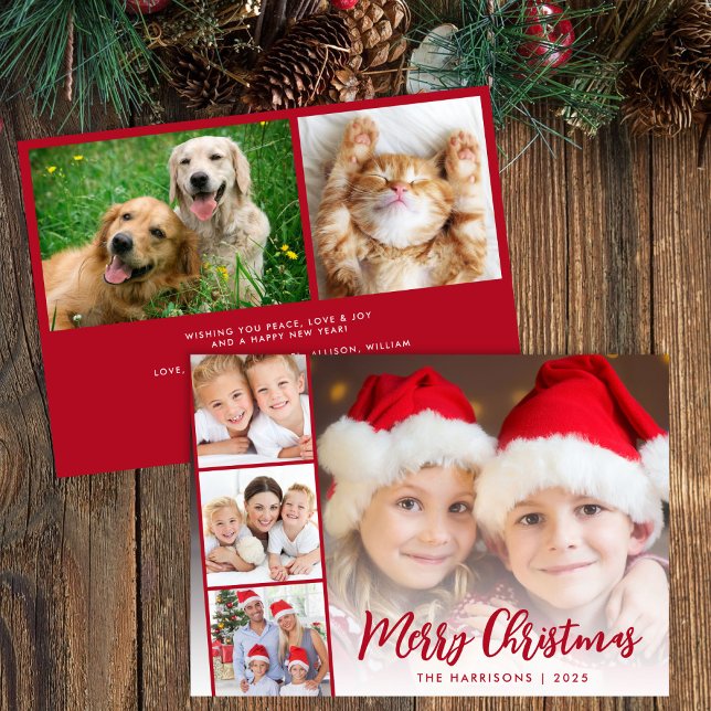 Cartão De Festividades Sobreposição de Fotografias de Script Vermelho Fel (Share the love and warmth of the season with your personalized photo Christmas card)