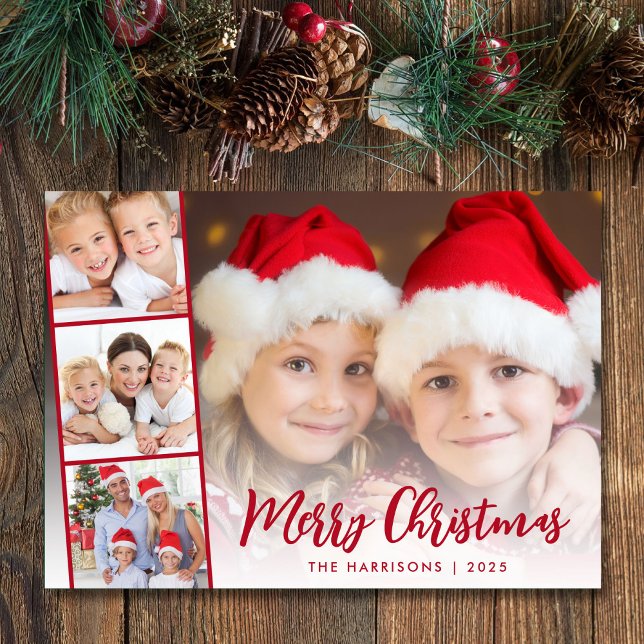 Cartão De Festividades Sobreposição de Fotografias de Script Vermelho Fel (This holiday season, let your family's smiles and heartwarming memories shine on our 4 photo card)