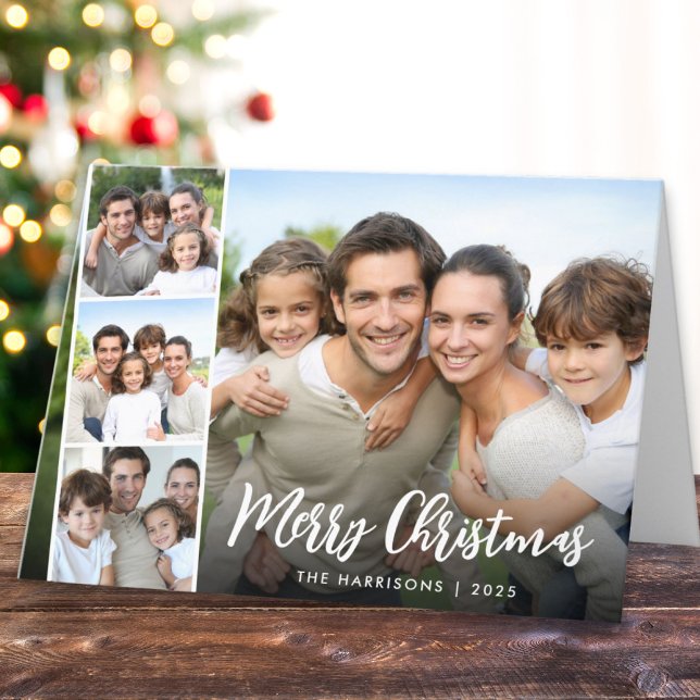 Cartão De Festividades Sobreposição de Fotos do Script Branco Feliz Natal (Share the love and warmth of the holiday season with this personalized photo Christmas card)