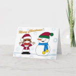 Cartão De Festividades Sockmonkey and Snowman Greeting Card<br><div class="desc">Merry Christmas! 
 With Love,  
 Sock Monkey</div>