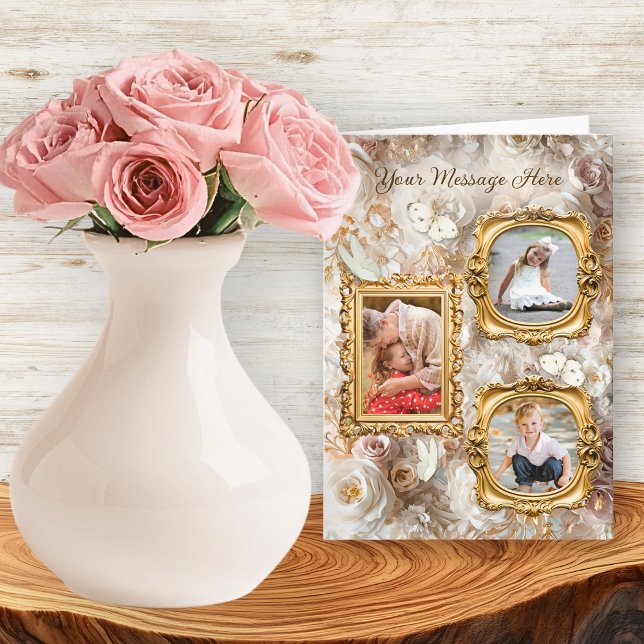 Cartão De Festividades Soft Gold Baroque Floral Photo Frames Collage (Criador carregado)
