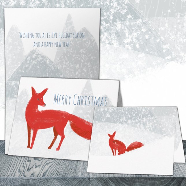 Cartão De Festividades Solitário Red Nordic Fox Feliz Natal (Lonely Red Nordic Fox Merry Christmas Holiday Wraparound Graphics Folded Card)