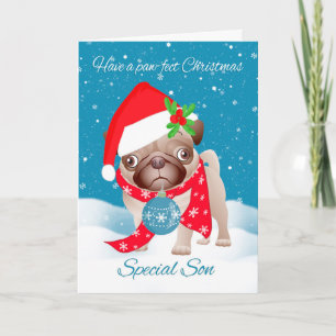 Cartão De Festividades Son, Pug Dog With Cute Santa Hat And Ornament