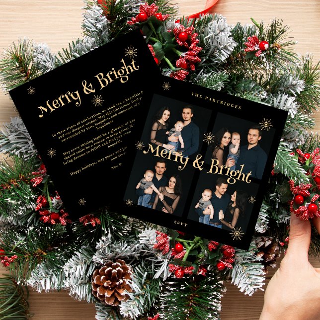 Cartão De Festividades Sophisticated & Exquisite Black and Golden Collage (Sophisticated & Exquisite Black and Fake Golden Merry & Bright Christmas 4 Photos Collage Holiday Ca)