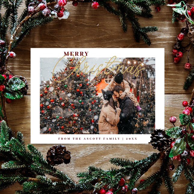 Cartão De Festividades Sophisticated Simple Classic Calligraphy Photo (Sophisticated Simple Classic Calligraphy Photo Merry Christmas in Fake Gold and Dark Red.)