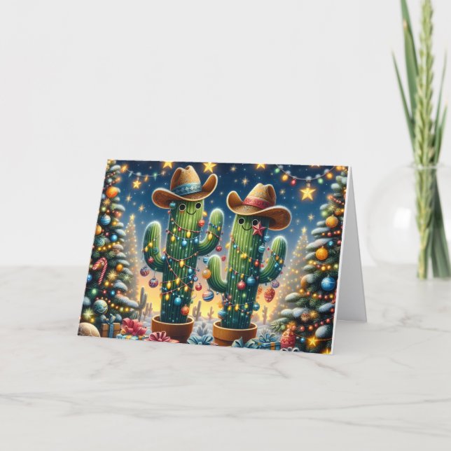 Cartão De Festividades Southwest Cactus with Cowboy Hat Christmas (Frente)