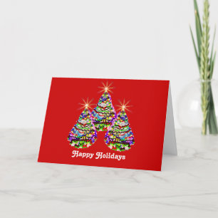 Cartão De Festividades Sparkling Abstract Christmas Trees Design on Red