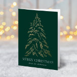 Cartão De Festividades Sparkling Winter Pine Merry Christmas Non-Photo<br><div class="desc">Modern & elegant holiday greeting card featuring a snowy faux gold foil pine tree with a green background (or color of your choice). "Merry Christmas" is displayed on the front in a white, modern serif font with your name or custom text below. The inside of the non-photo holiday card features...</div>