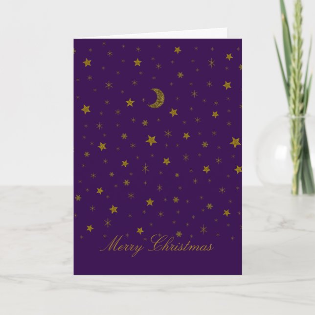Cartão De Festividades Sparkly gold Christmas moon, stars on purple (Frente)