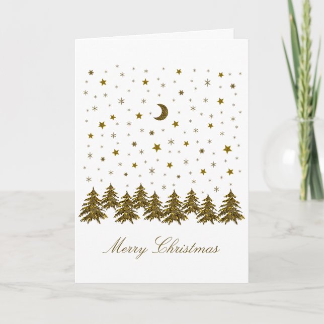 Cartão De Festividades Sparkly gold Christmas tree, moon, stars (Frente)