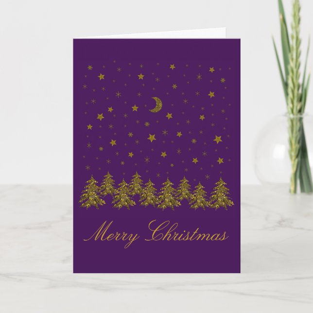 Cartão De Festividades Sparkly gold Christmas tree, moon, stars on purple (Frente)