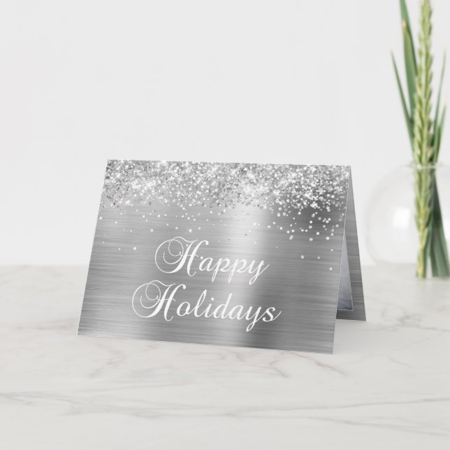 Cartão De Festividades Sparkly Silver Family Photo Happy (Frente)