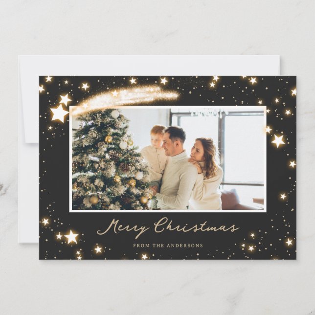 Cartão De Festividades Sparkly Stars Black Photo Christmas Cards (Frente)