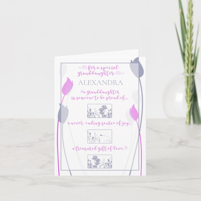 Cartão De Festividades Special Granddaughter Pink Grey Tulip Card (Frente)